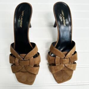 Saint Laurent Tribute 85 Mules Brown Corduroy Woven Heeled Sandals Size 39.5